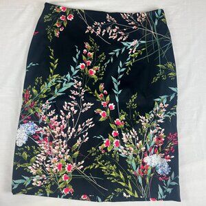 Talbots Pencil Skirt Size 14 Black Pink Green, Floral Print, Unlined